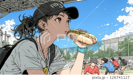 野球などの屋外スポーツを観戦しながら、ホットドッグを頬張る若い女性。