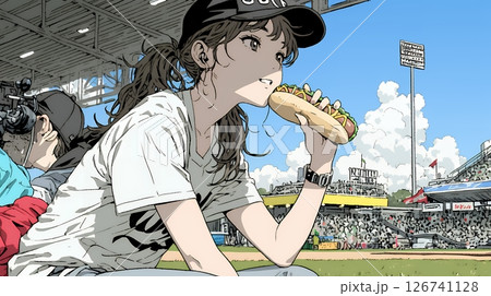 野球などの屋外スポーツを観戦しながら、ホットドッグを頬張る若い女性。
