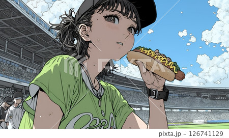 野球などの屋外スポーツを観戦しながら、ホットドッグを頬張る若い女性。