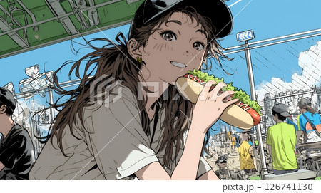 野球などの屋外スポーツを観戦しながら、ホットドッグを頬張る若い女性。