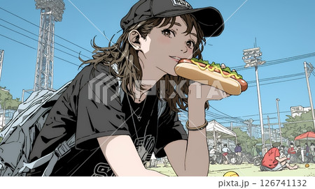 野球などの屋外スポーツを観戦しながら、ホットドッグを頬張る若い女性。