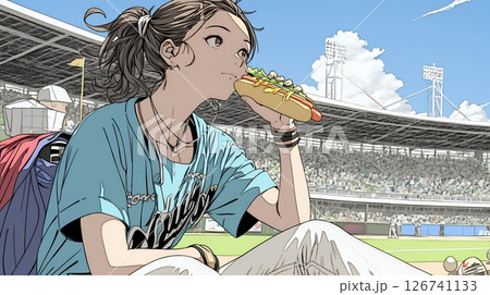 野球などの屋外スポーツを観戦しながら、ホットドッグを頬張る若い女性。