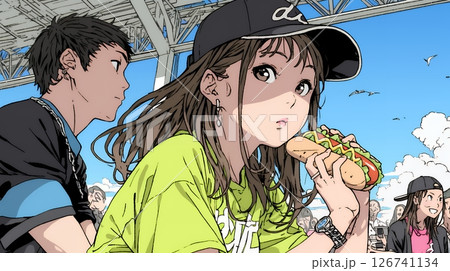 野球などの屋外スポーツを観戦しながら、ホットドッグを頬張る若い女性。