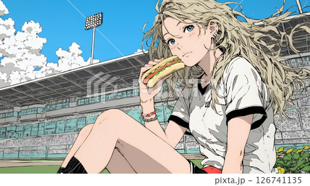 野球などの屋外スポーツを観戦しながら、ホットドッグを頬張る若い女性。
