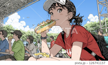 野球などの屋外スポーツを観戦しながら、ホットドッグを頬張る若い女性。
