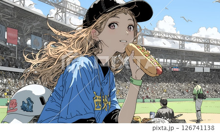 野球などの屋外スポーツを観戦しながら、ホットドッグを頬張る若い女性。