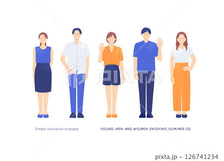 ポーズを決める若い男女5人組 カジュアルな夏服で夏を楽しむ若者のベクターイラスト素材 126741234