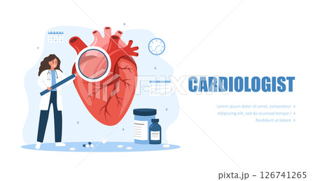 Cardiologist concept. Heart health. Female doctor with large magnifier examines internal organs. Vector illustration in flat cartoon style 126741265
