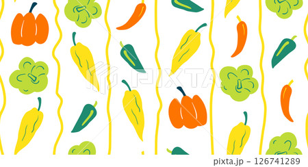 Seamless mixed bell peppers and chili peppers pattern in minimal graphic illustration style with doodle stripe lines, colorful vivid colors on a white background. Veggie Time! Series. Seamless mixed bell peppers and chili peppers pattern in minimal graphic illustration style with doodle stripe lines, colorful vivid colors on a white background. Veggie Time! Series. 126741289