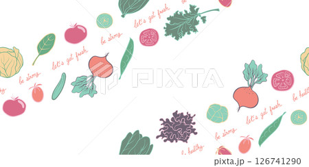Seamless mixed vegetable in hand-drawn doodle illustration style with wording, fresh, strong, and healthy, pastel colorful on a white background. Veggie Time! Series. 126741290