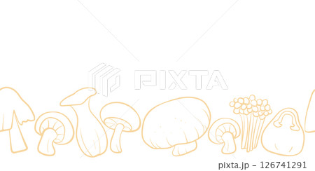 Seamless mushroom pattern border in hand-drawn doodle illustration style with copy space, pastel orange outline on a white background. Veggie Time! Series. 126741291