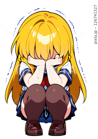 しゃがんで顔を手で隠しながら震える金髪セーラー服女子高生 126741327