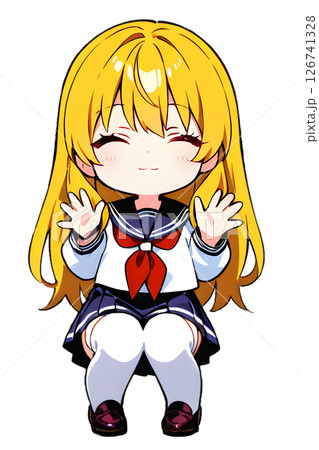しゃがんで笑顔を浮かべながら両手を振る金髪セーラー服女子高生 126741328