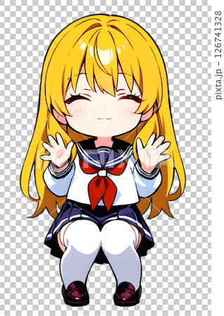 しゃがんで笑顔を浮かべながら両手を振る金髪セーラー服女子高生 126741328