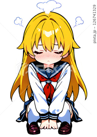 しゃがんで恥ずかしがる金髪セーラー服女子高生 126741329