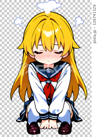 しゃがんで恥ずかしがる金髪セーラー服女子高生 126741329