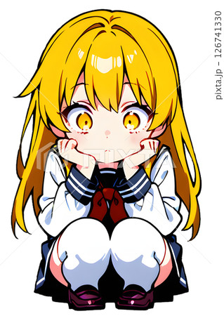 しゃがんで目を見開く金髪セーラー服女子高生 126741330