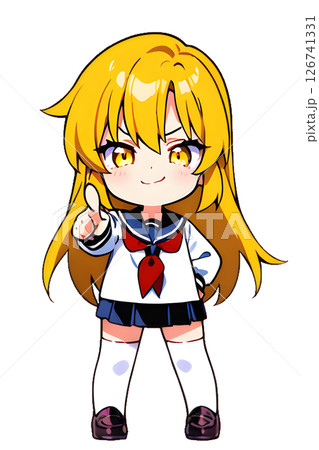 ニヤニヤしながら前を指さす金髪セーラー服女子高生 126741331