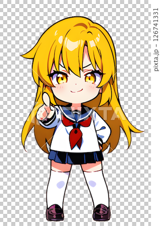 ニヤニヤしながら前を指さす金髪セーラー服女子高生 126741331
