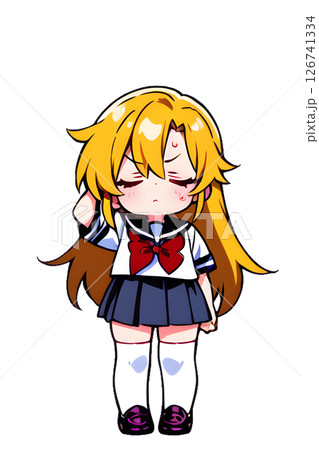 困り顔でほっぺを描く金髪セーラー服女子高生 126741334