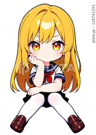 座って考え込む金髪セーラー服女子高生 126741335