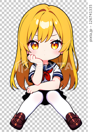 座って考え込む金髪セーラー服女子高生 126741335