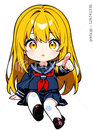 座って指をさす金髪セーラー服女子高生 126741336