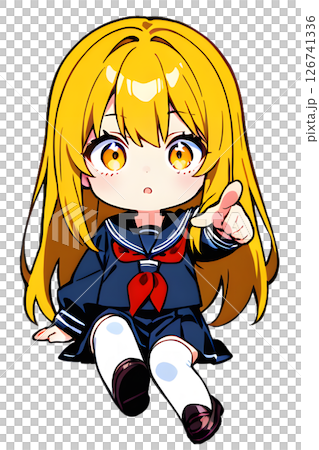 座って指をさす金髪セーラー服女子高生 126741336