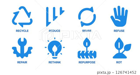 Zero waste included 5Rs lifestyle flat blue icon set Zero waste included 5Rs lifestyle flat blue icon set 126741452