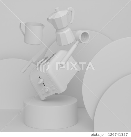 Abstract scene or podium with kitchen appliances and utensils on monochrome. 126741537
