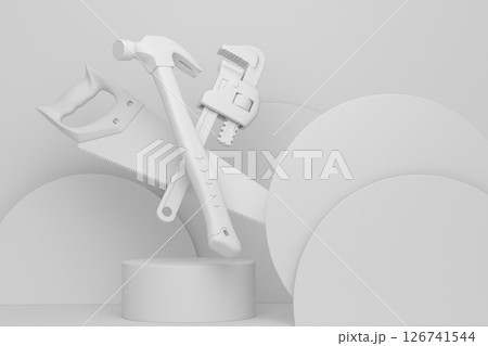 Abstract scene or podium with carpenters tools on monochrome background 126741544
