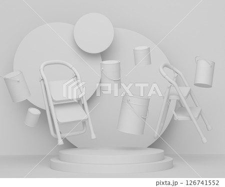 Abstract scene with folding ladder, bucket and paint roller on monochrome 126741552