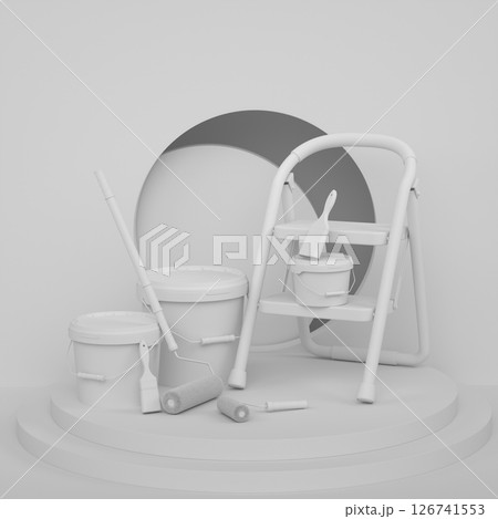 Abstract scene with folding ladder, bucket and paint roller on monochrome Abstract scene with folding ladder, bucket and paint roller on monochrome 126741553