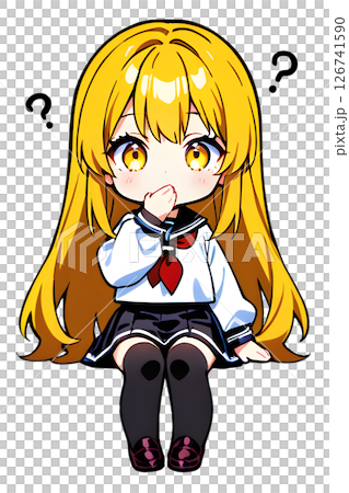 A blonde high school girl in a sailor suit sitting with a questioning expression on her face A blonde high school girl in a sailor suit sitting with a questioning expression on her face 126741590