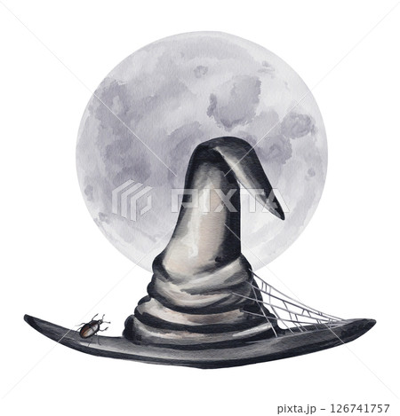 A large witch hat in a web. A small spider sits on it. A black beetle. A full moon in the background. The moon is gray and purple. Halloween decor. Watercolor illustration. Hand drawn.  126741757