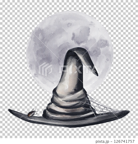 A large witch hat in a web. A small spider sits on it. A black beetle. A full moon in the background. The moon is gray and purple. Halloween decor. Watercolor illustration. Hand drawn.  126741757