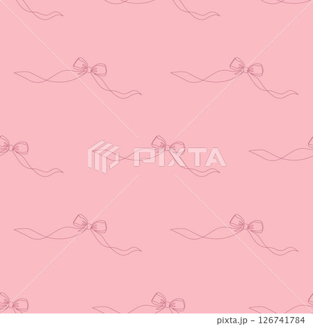 Seamless Pattern with Coquette Ribbon Bow on Pink Background. One Continuous Line Drawing. Romantic Minimalist Whimsy Aesthetic template. Vector Illustration in Simple Linear Style 126741784