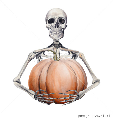 Human skeleton hugs big orange pumpkin. pumpkin seller. ripe harvest. Halloween decor. Bones and magic. watercolor illustration without background. hand drawing. High quality illustration Human skeleton hugs big orange pumpkin. pumpkin seller. ripe harvest. Halloween decor. Bones and magic. watercolor illustration without background. hand drawing. High quality illustration 126741931
