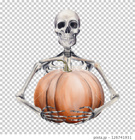 Human skeleton hugs big orange pumpkin. pumpkin seller. ripe harvest. Halloween decor. Bones and magic. watercolor illustration without background. hand drawing. High quality illustration Human skeleton hugs big orange pumpkin. pumpkin seller. ripe harvest. Halloween decor. Bones and magic. watercolor illustration without background. hand drawing. High quality illustration 126741931
