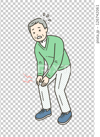 膝の痛みで膝に手を当てる高齢男性のイラスト 126742061