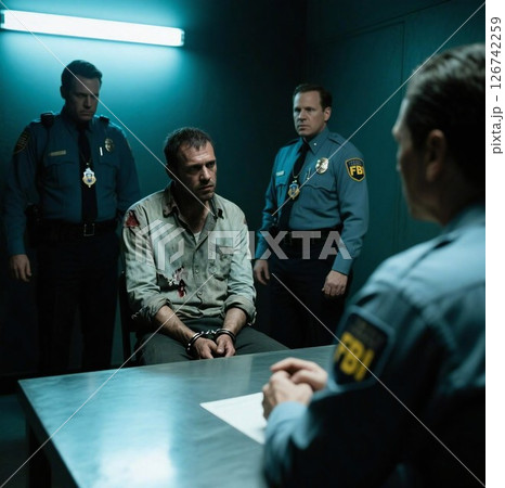 FBIによる取調べシーン｜薄暗い取調室での質疑応答・容疑者と捜査官の緊迫した瞬間 126742259
