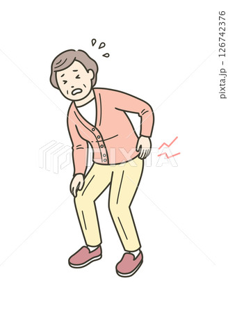 腰痛で腰に手を当てる高齢女性のイラスト 腰痛で腰に手を当てる高齢女性のイラスト 126742376
