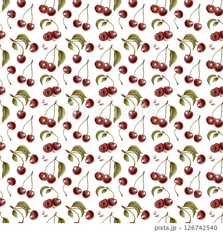 Ripe cherries and halved fruits pitted in seamless watercolor pattern on delicate branches. Hand-painted leaves and juicy textures create a fresh summer pattern for fabrics and packaging 126742540