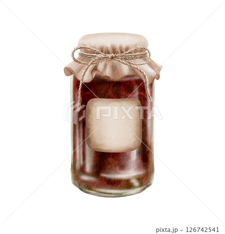 Cherry jam jar watercolor illustration. Vintage fabric lid with twine bow, square label. Hand-painted rustic preserves pot for packaging, culinary branding, kitchen decor, homemade goods labels 126742541