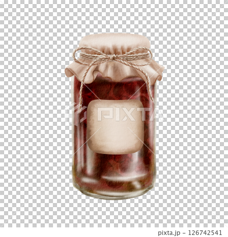 Cherry jam jar watercolor illustration. Vintage fabric lid with twine bow, square label. Hand-painted rustic preserves pot for packaging, culinary branding, kitchen decor, homemade goods labels 126742541