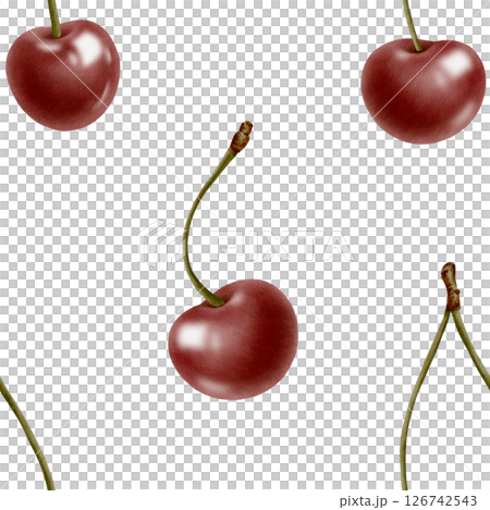 Fresh ripe cherries on a fruit branch in seamless pattern, glossy red juicy berries in watercolor hand drawn isolated illustration for kitchen textile,stationery, clothing 126742543