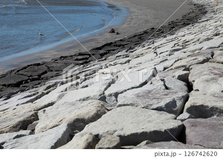 大きな石を敷き詰められた石畳の護岸 大きな石を敷き詰められた石畳の護岸 126742620
