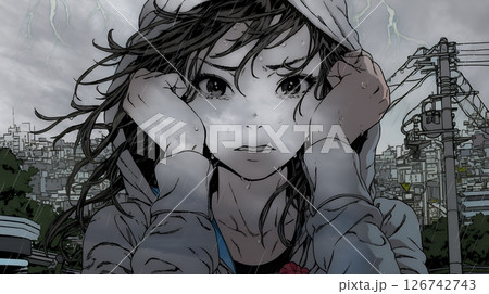 雷にひどく怯えている若い女性。