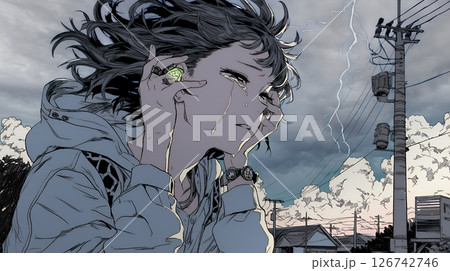雷にひどく怯えている若い女性。