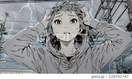 雷にひどく怯えている若い女性。